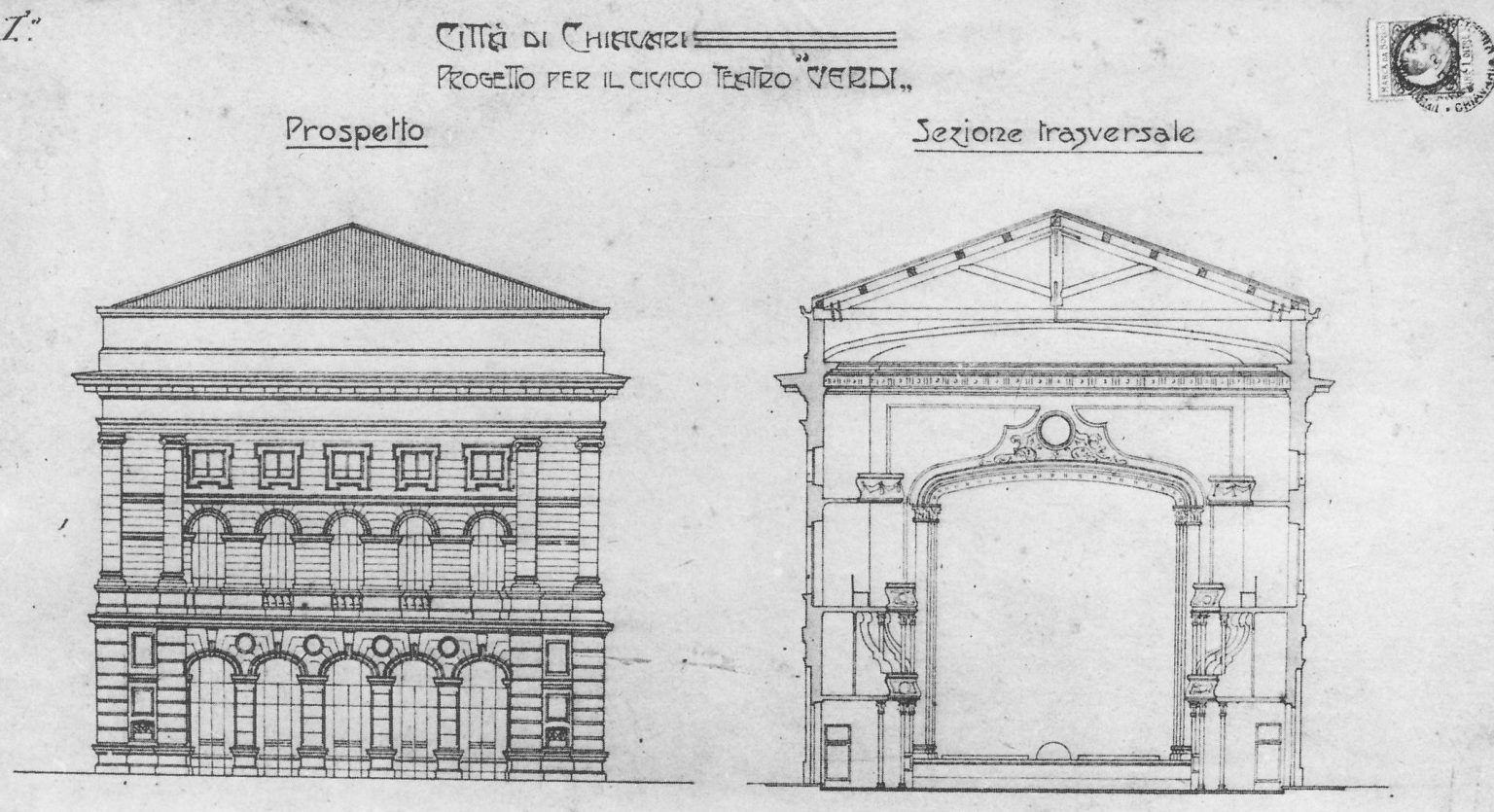 Il prospetto e la sezione trasversale del Teatro Verdi di Chiavari