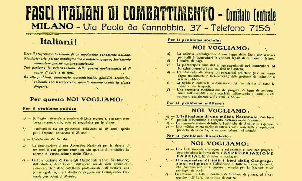 Nel 1919 un pugno di ardimentosi si riunisce a Milano ed elabora un manifesto che propugna idee innovative