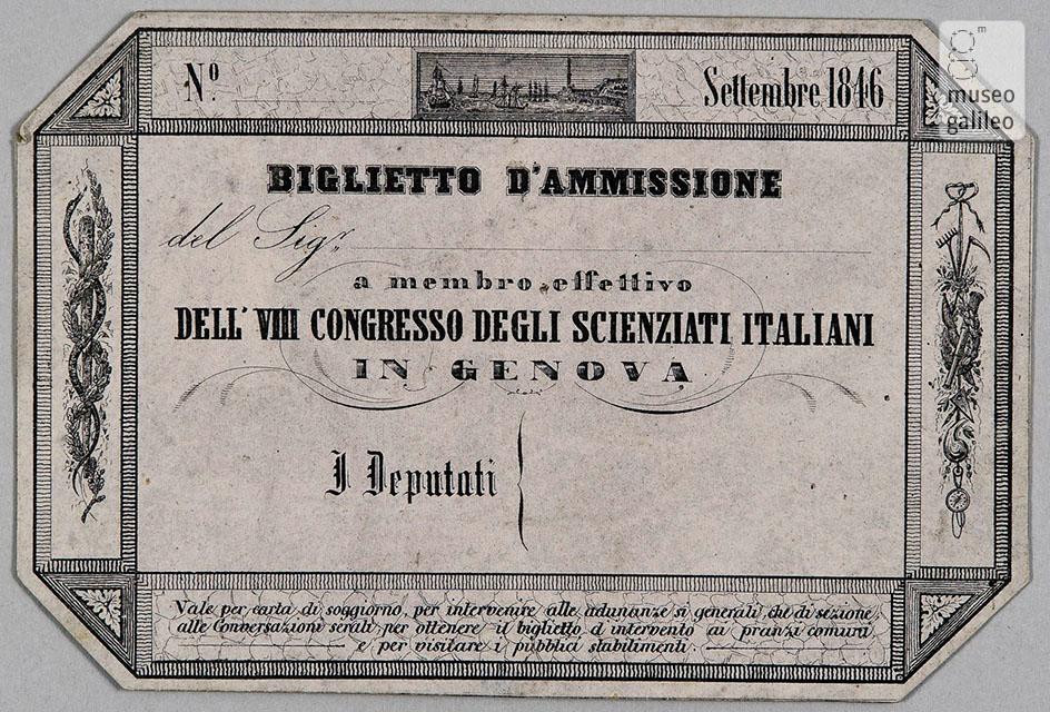 Il biglietto di ammissione al Congresso degli scienziati italiani svoltosi a Genova