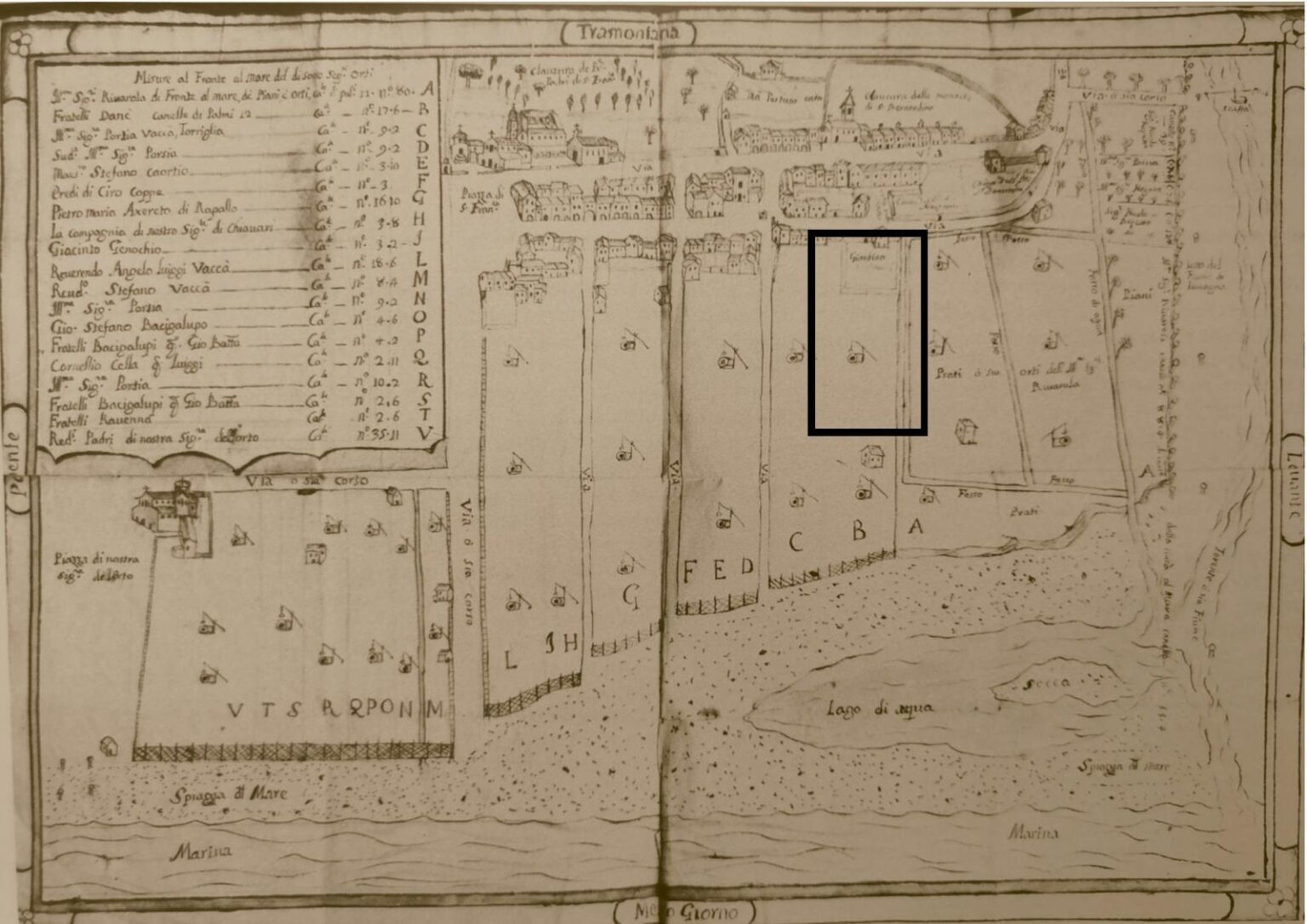 Una antica cartografia dedicata a piazza Roma a Chiavari